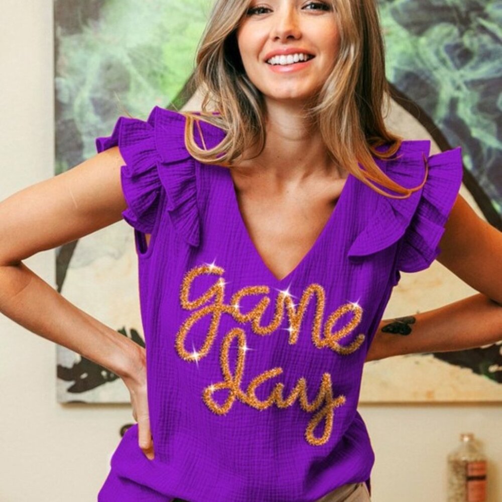 Purple & Gold - LSU Game Day Ruffled Sleeveless Top